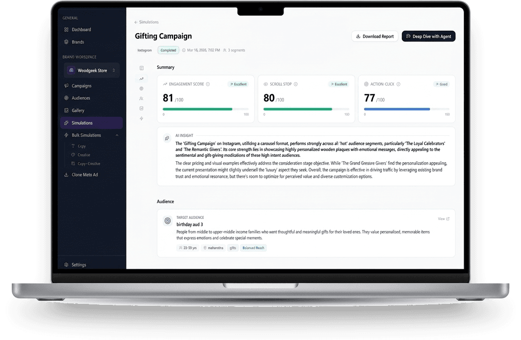 FirstReaction dashboard showing a campaign simulation with engagement scores, AI insights, and audience analysis